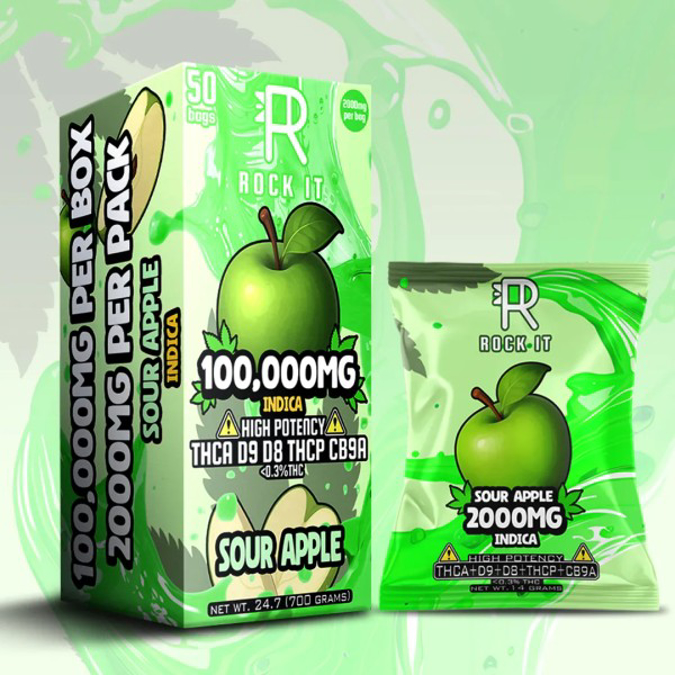 Picture of ROCK IT 2000MG PER BAG THCA D9 D8 THCP CB9A 50CT   SOUR APPLE INDICA