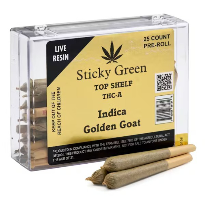 Picture of STICKY GREEN TOP SHELF 1GRAM THCA PRE ROLL 25CT JAR GOLDEN GOAT